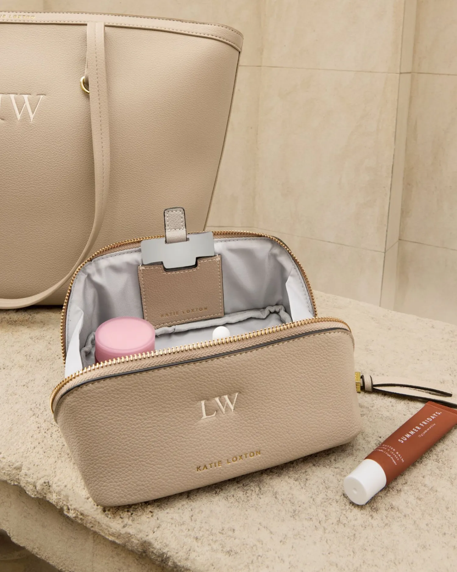 Katie Loxton Fold-Out Mirror Makeup Bag Light Taupe Sale