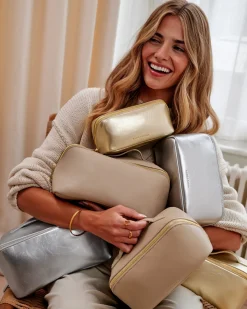 Katie Loxton Patent Crackle Fold-Out Mirror Makeup Bag Silver New