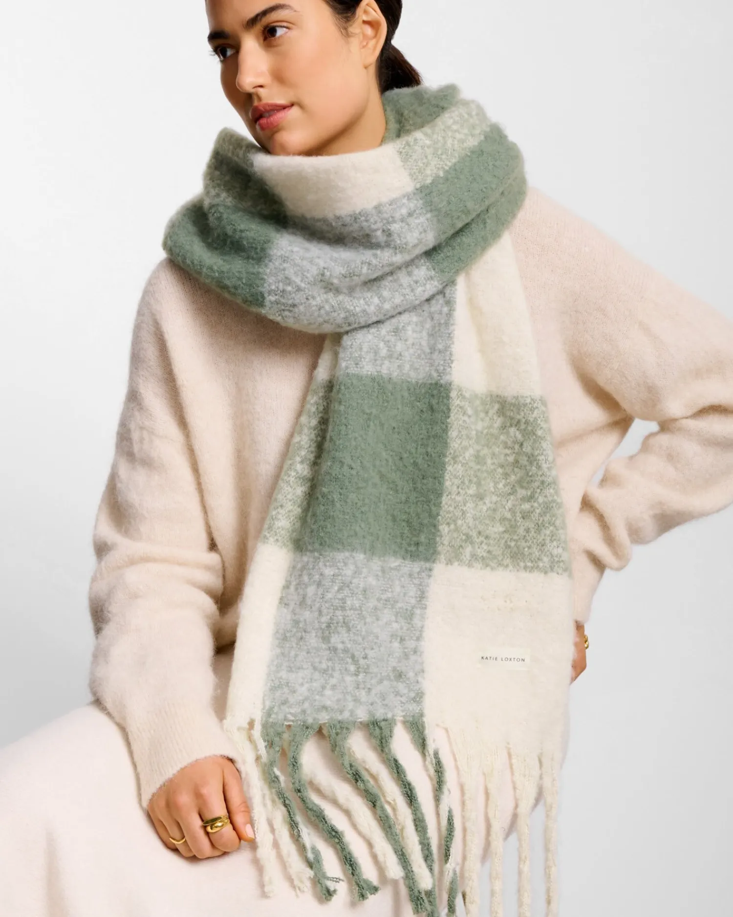 Katie Loxton Recycled Checked Tassel Scarf Graphite Green Clearance