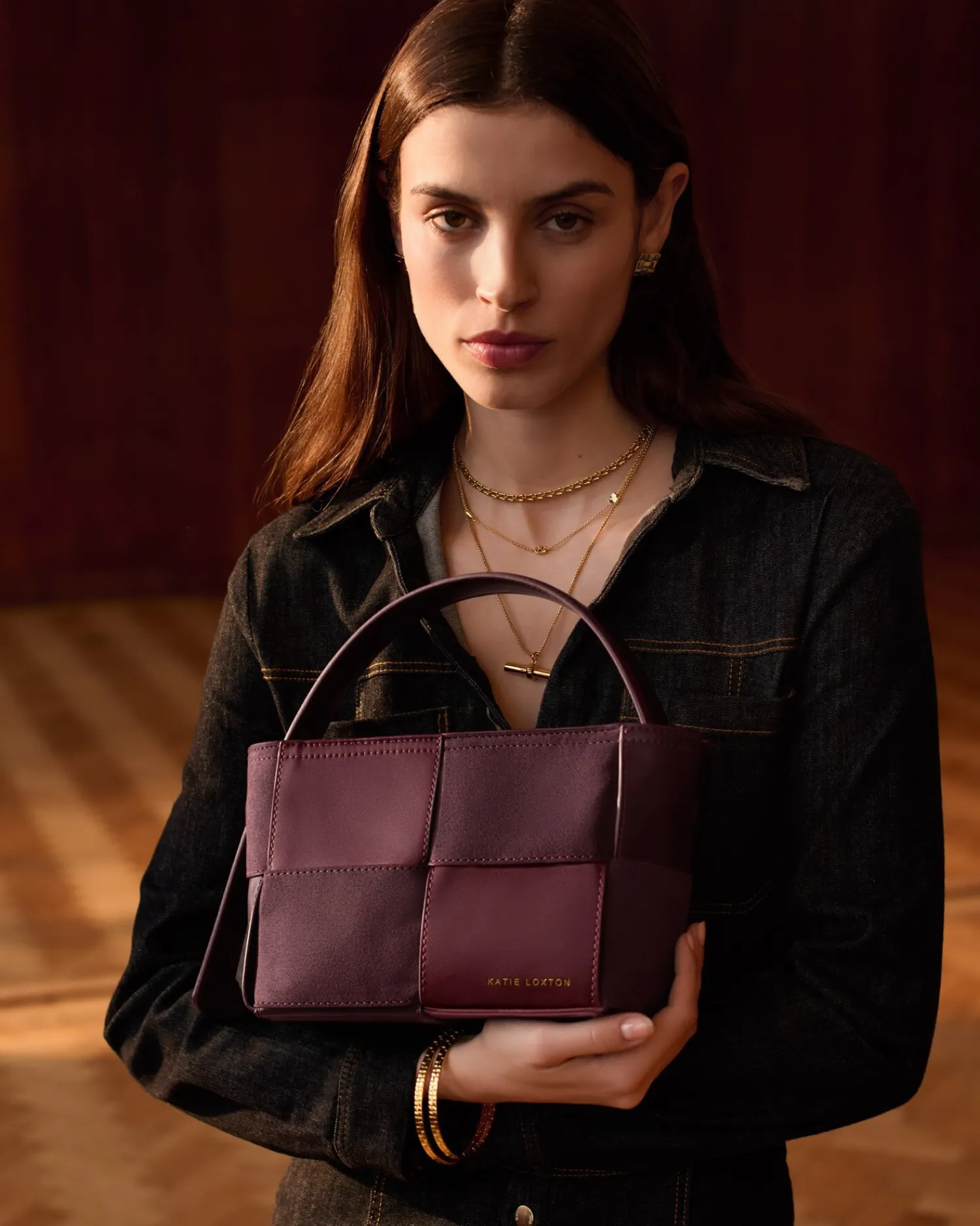 Katie Loxton Taya Hand Woven Suedette Top Handle Bag Cherry New